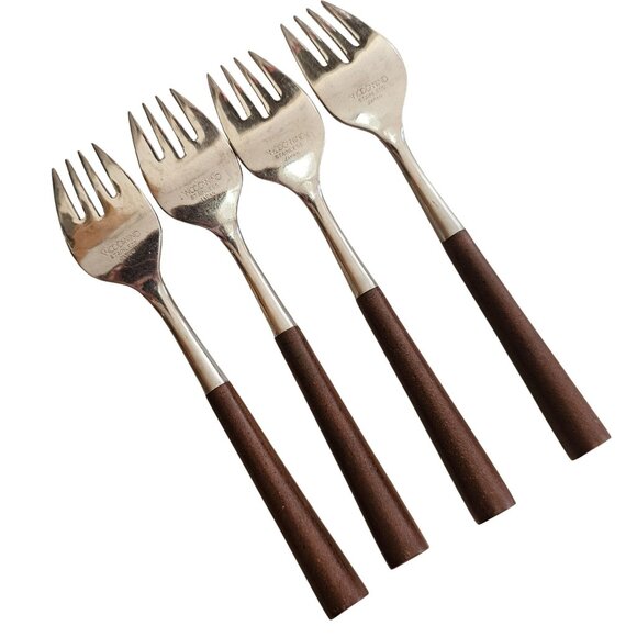 4 Woodwind Salad Fork 5" wood-like handle vtg midcentury boho minimalist mixed m - Picture 8 of 9